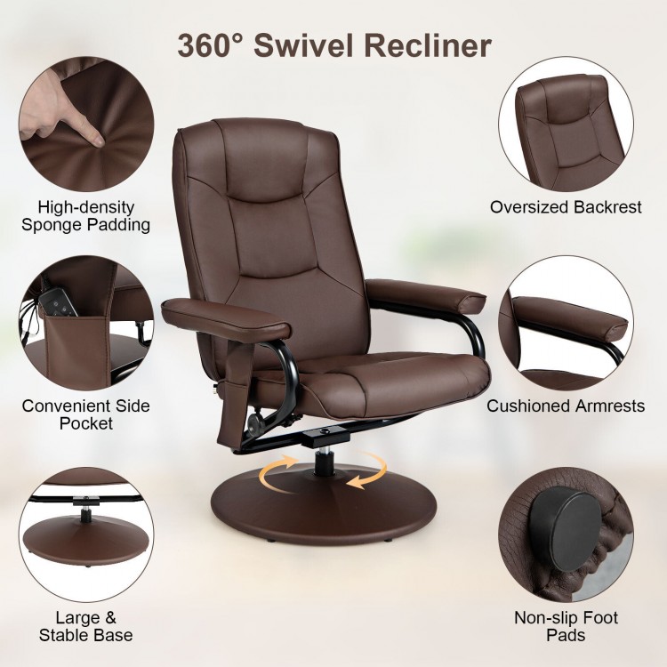 Brown 360° swivel massage recliner chair with ottoman, cushioned armrests, and adjustable backrest for ultimate comfort.